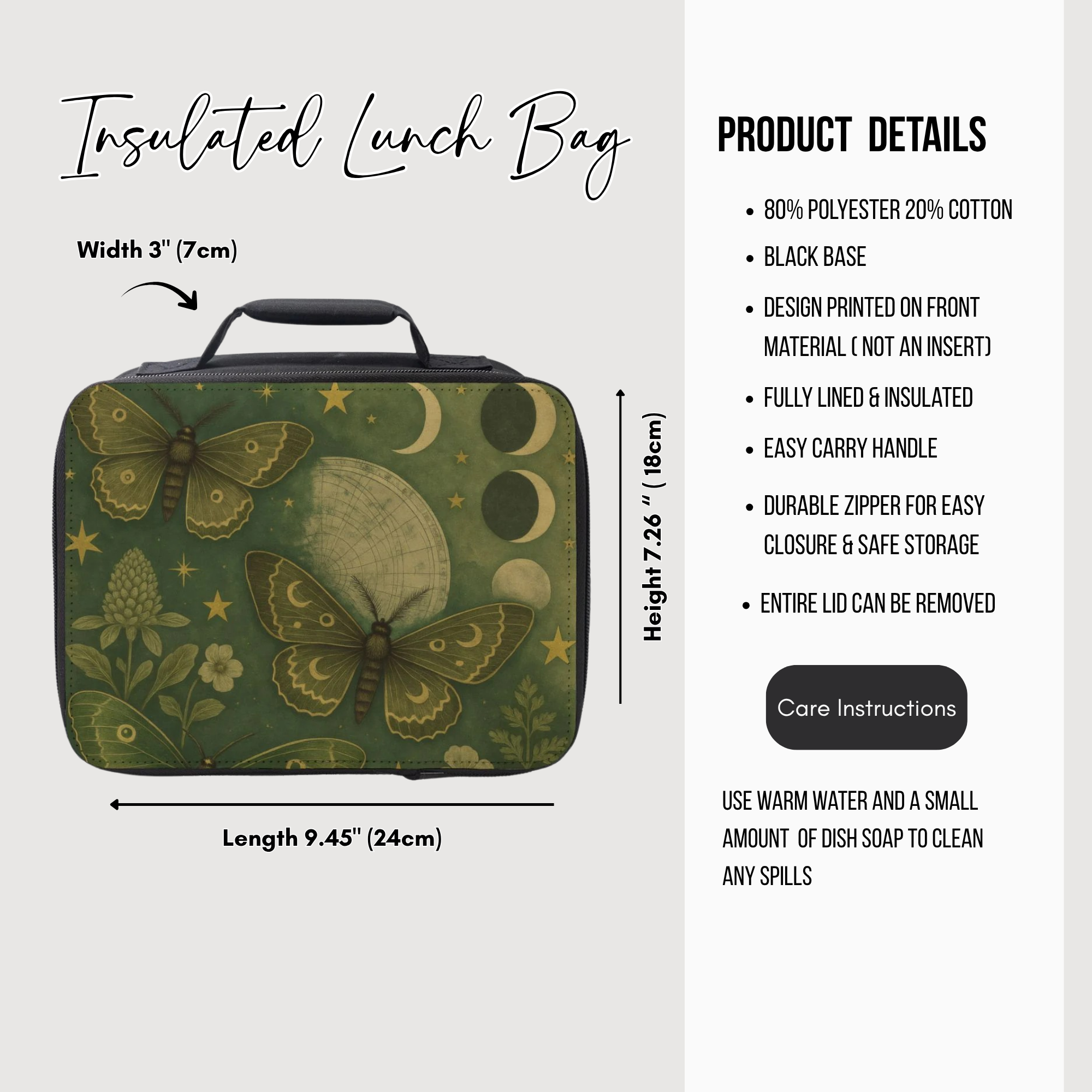 Insulated lunch bag with celestial moth design and product details on a white background