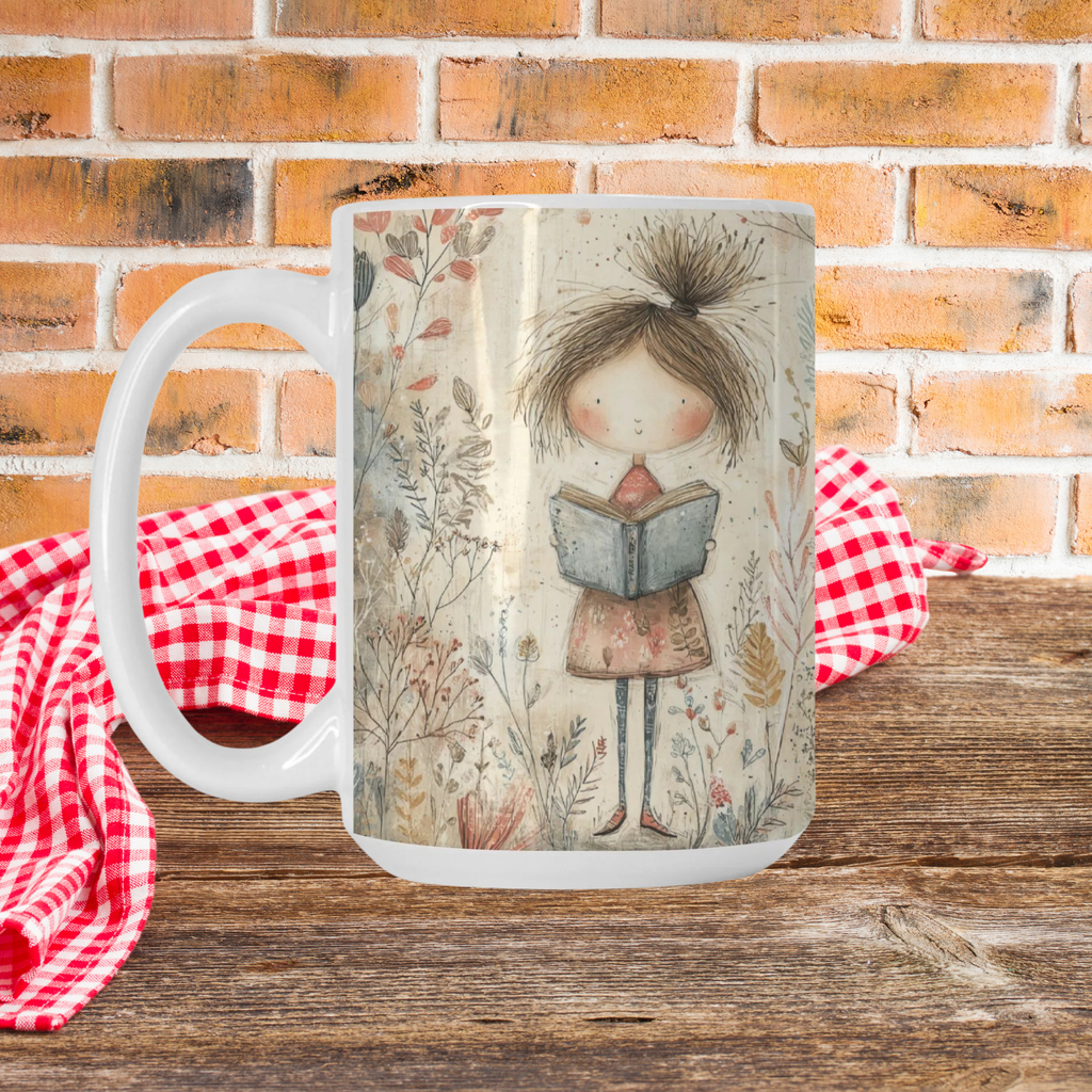 Mug with a decorative design of a girl reading a book on a wooden picnic table against a brick wall background