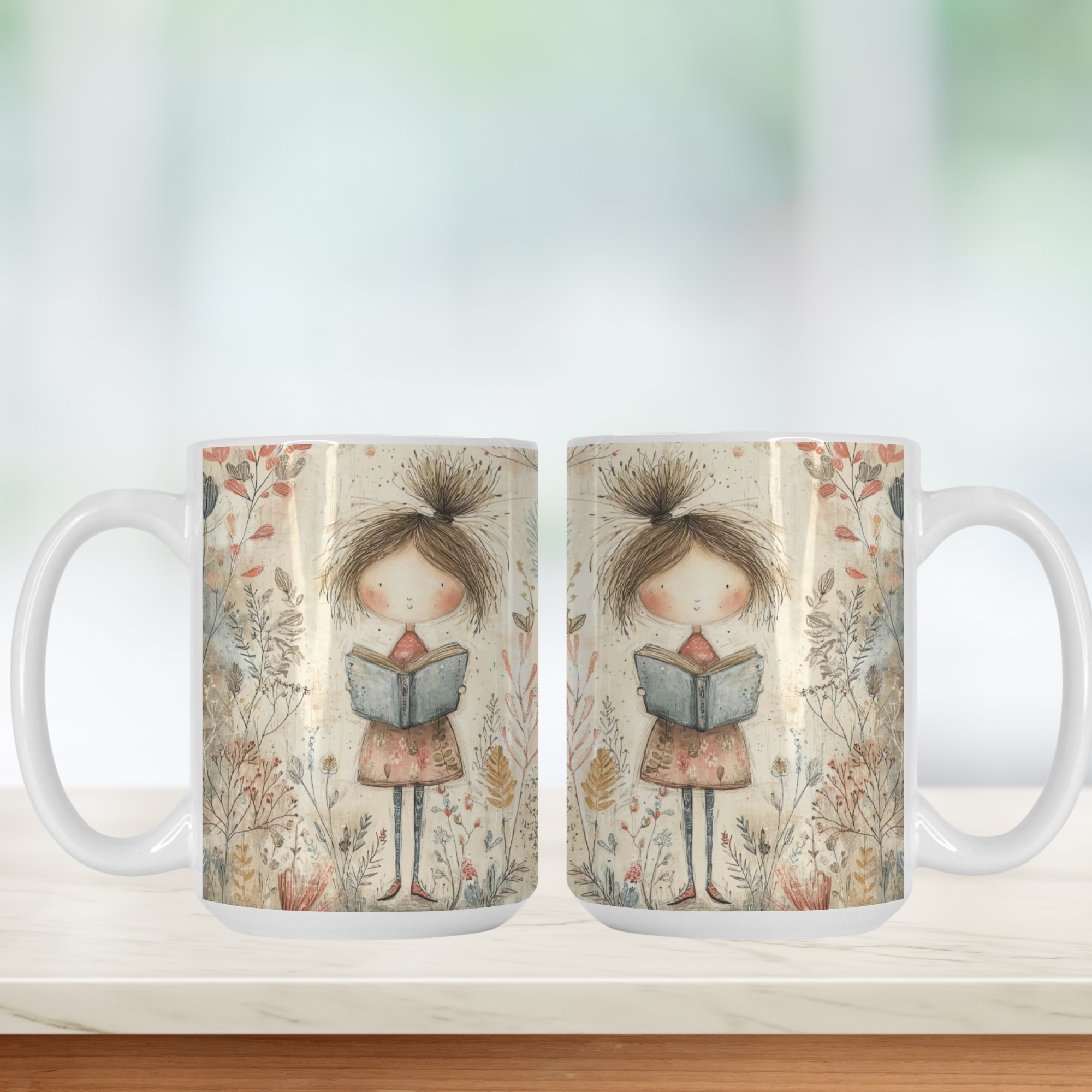 Two mugs with a design of a girl reading a book in a forest setting on a white background.