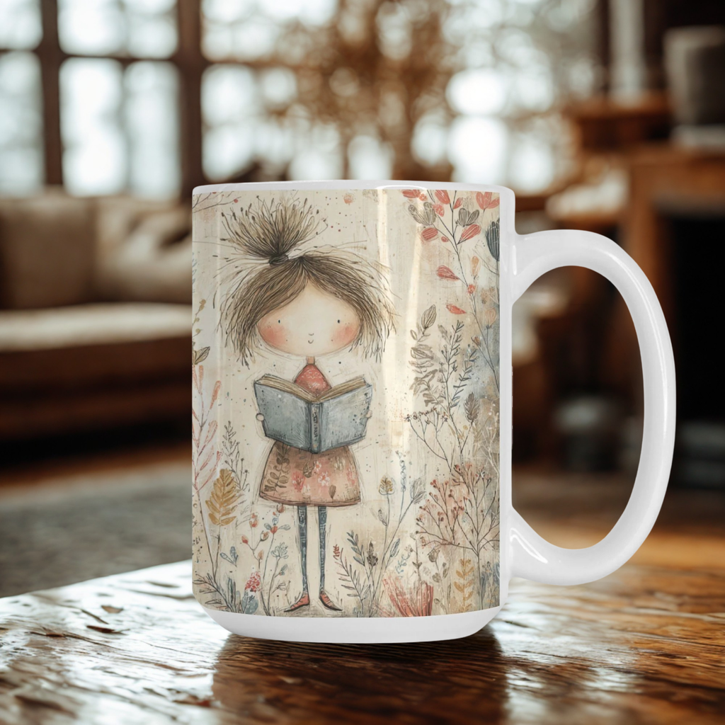 Mug with a design of a girl reading a book on a wooden table.