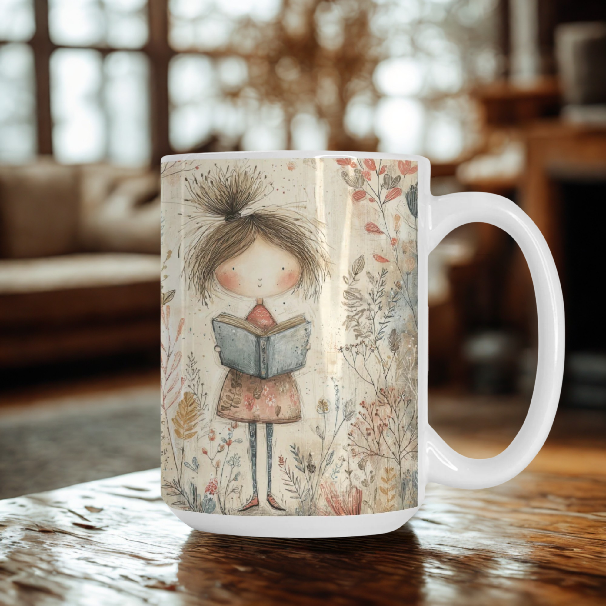 Mug with a design of a girl reading a book on a wooden table.