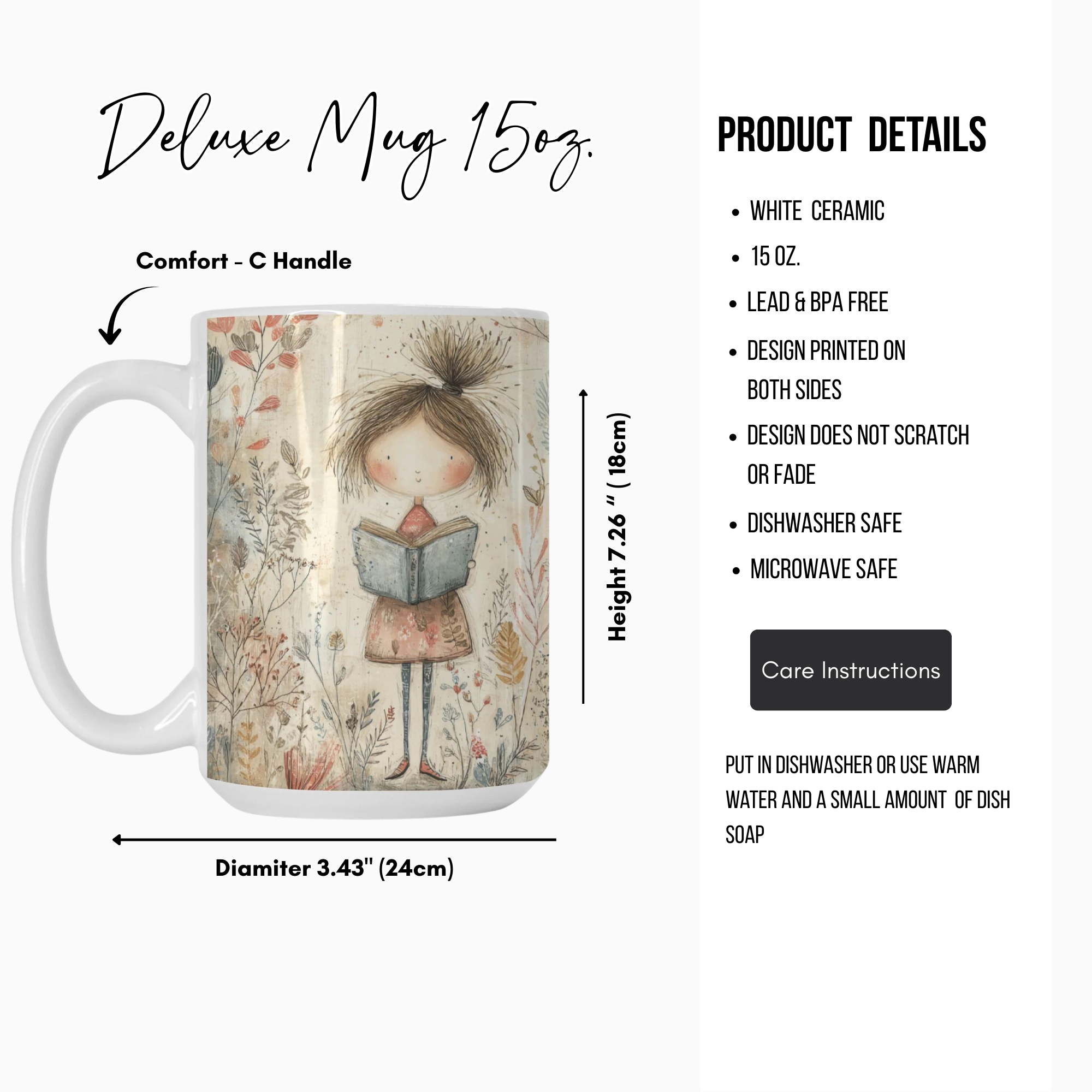 Deluxe mug with a design of a girl reading a book, featuring product details on a white background.