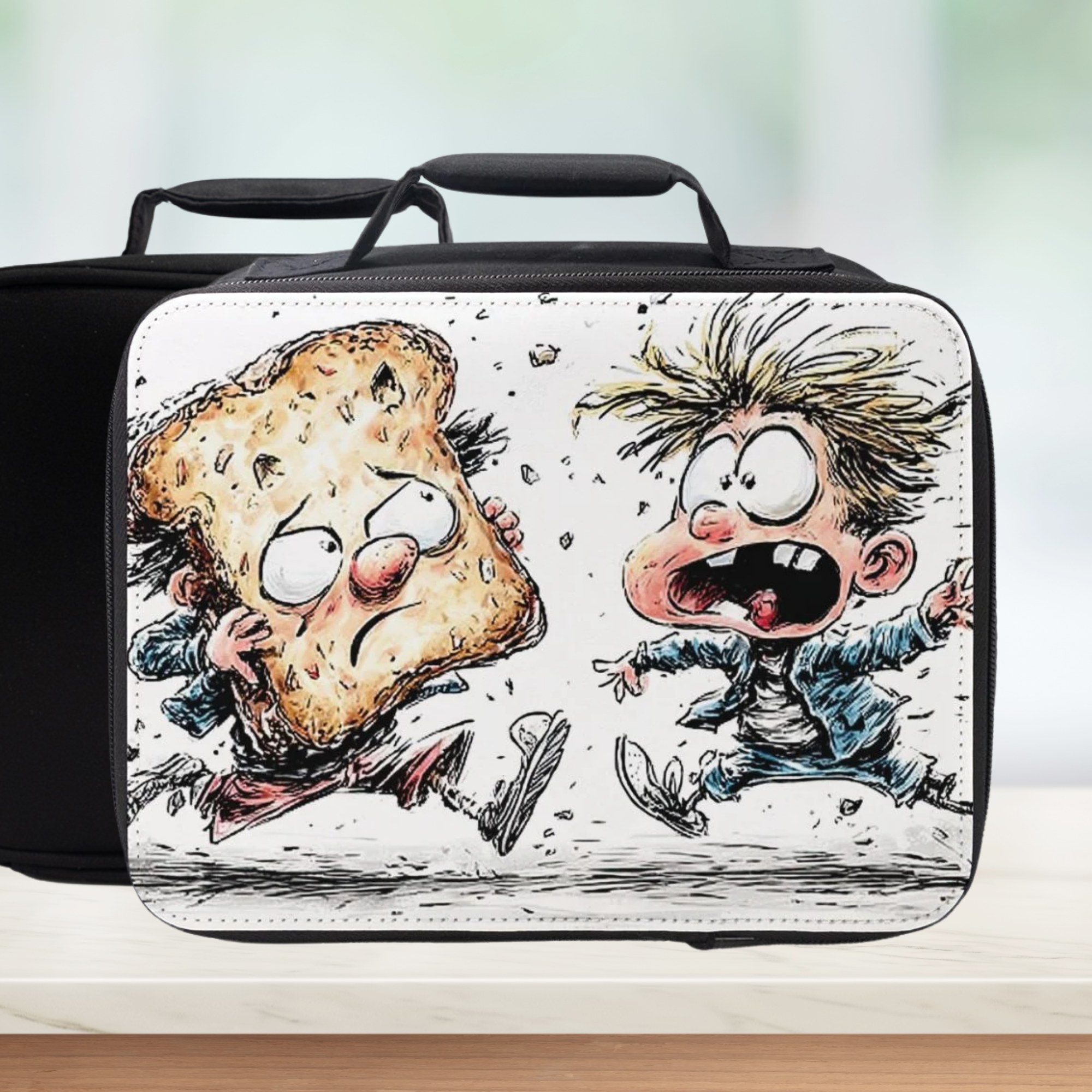  insulated lunch bag with cartoon design of a character and a piece of bread