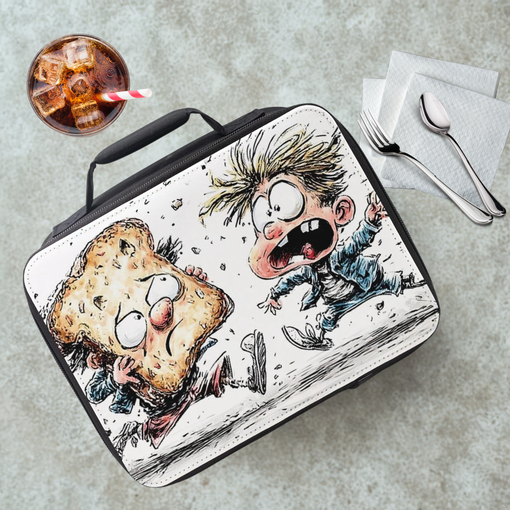 Lunch bag with cartoon design of a boy chasing a piece of bread on a cafeteria table with a drink and utensils.