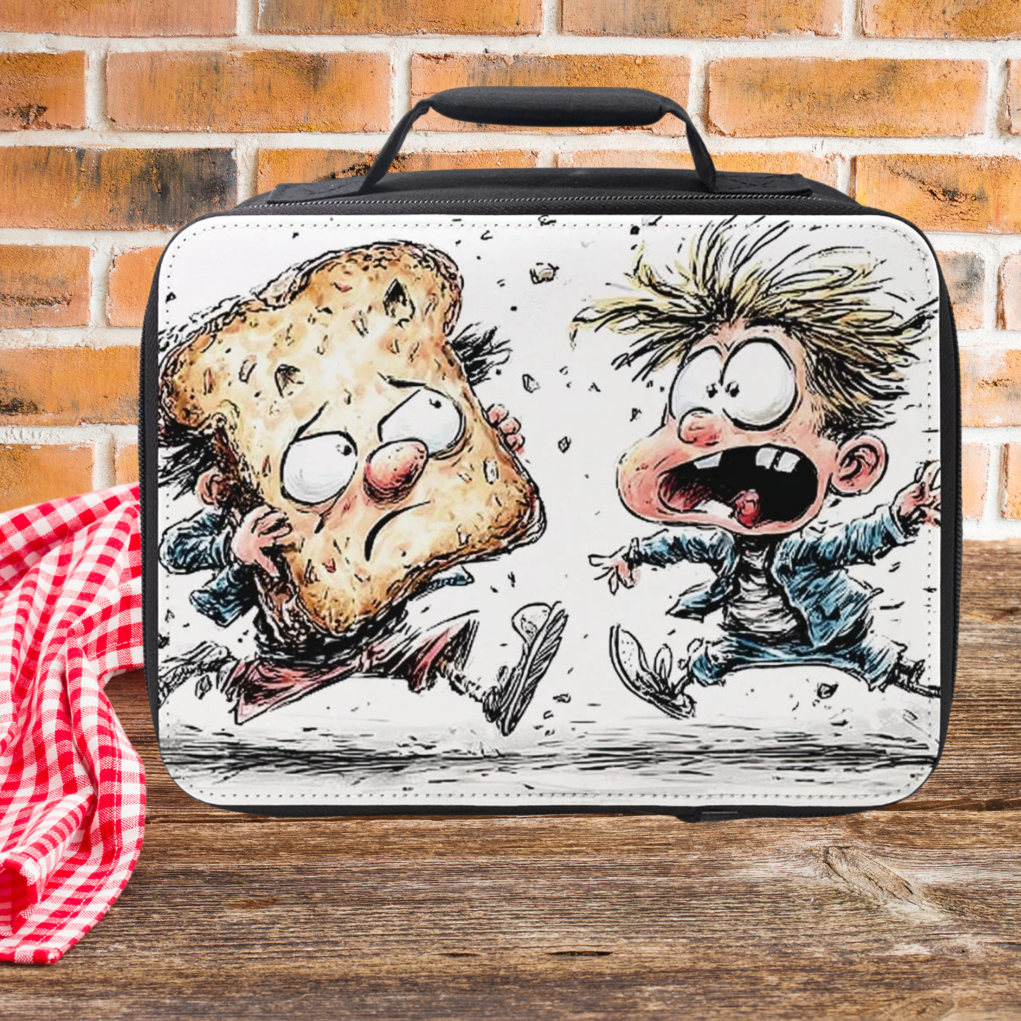 Lunch bag with cartoon design of a boy and a piece of bread on a wooden picnic table against a brick wall background