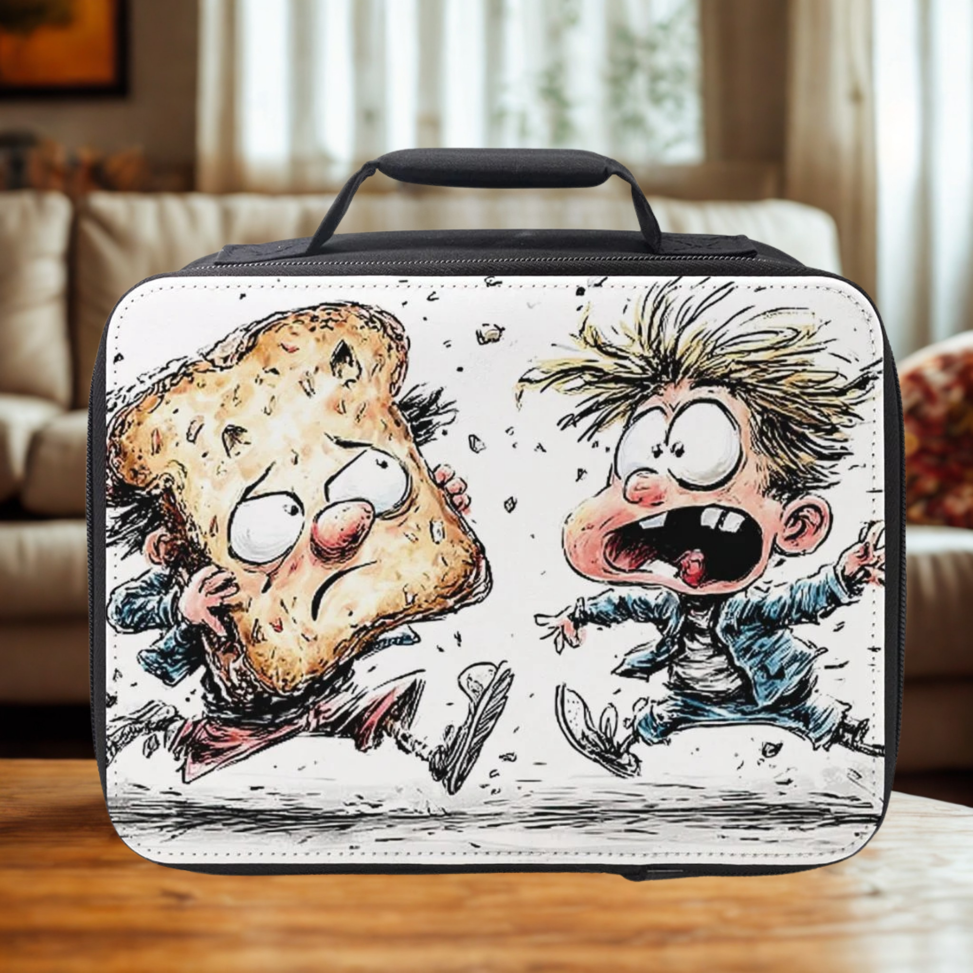 Lunch bag with cartoon design of a character and a piece of bread on a wooden table in a living room.