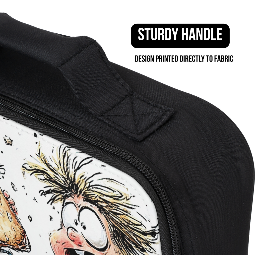 Black lunch bag with a printed design of a cartoon character on a white background