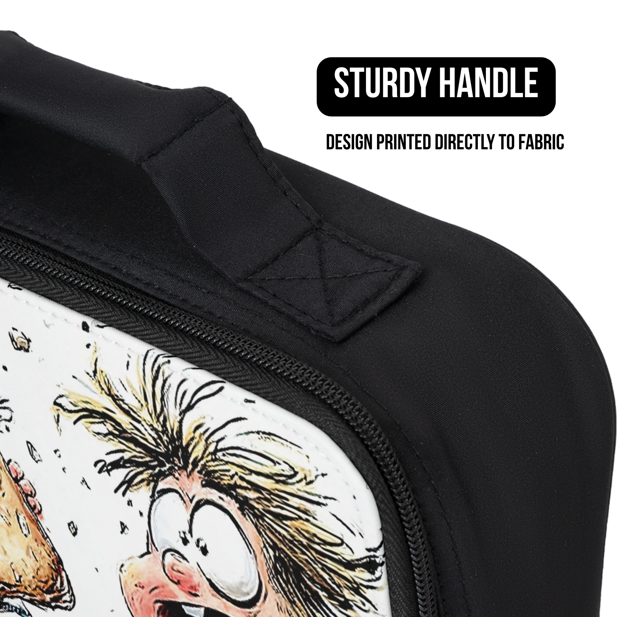 Black lunch bag with a printed design of a cartoon character on a white background