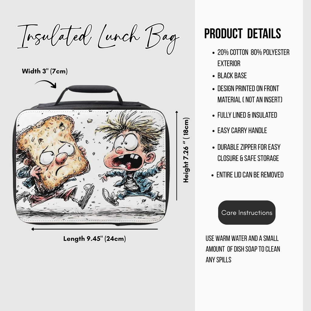 Insulated lunch bag with cartoon design and product details on a white background