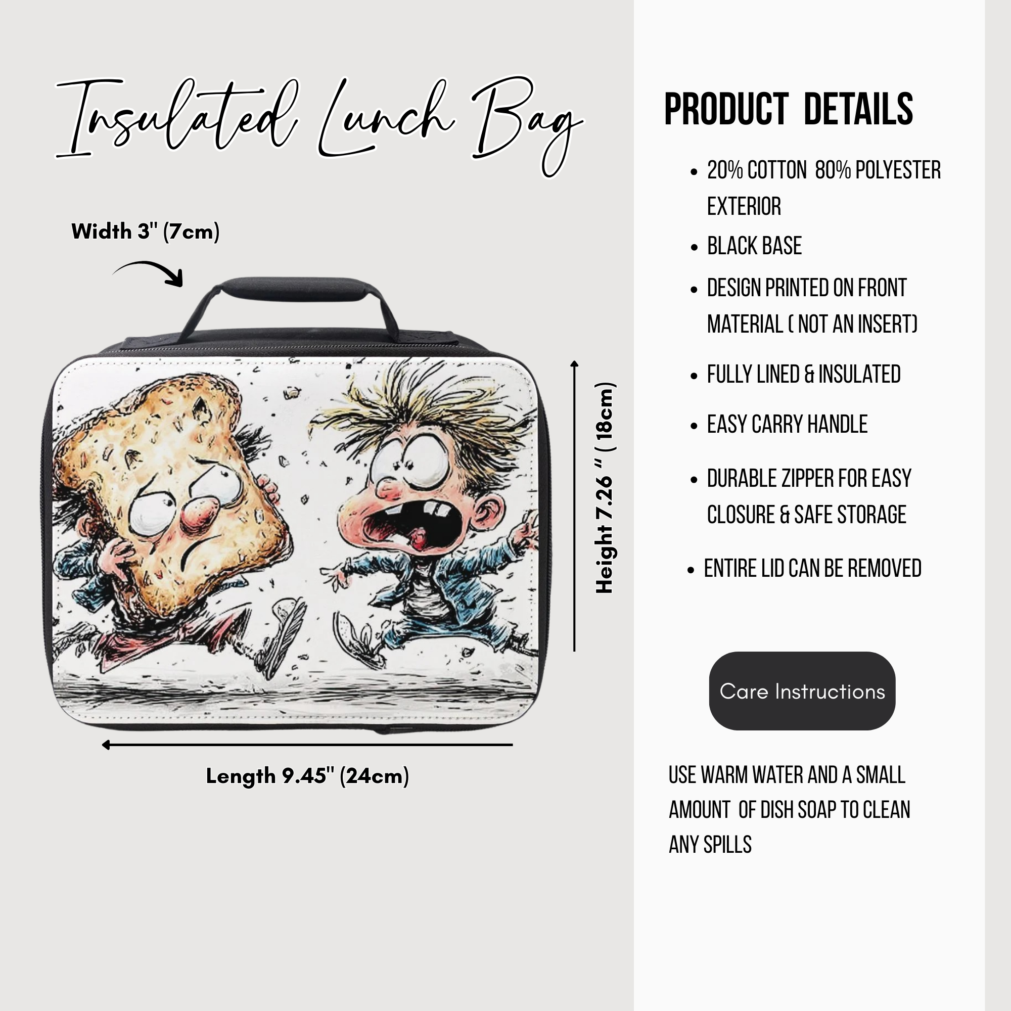 Insulated lunch bag with cartoon design and product details on a white background