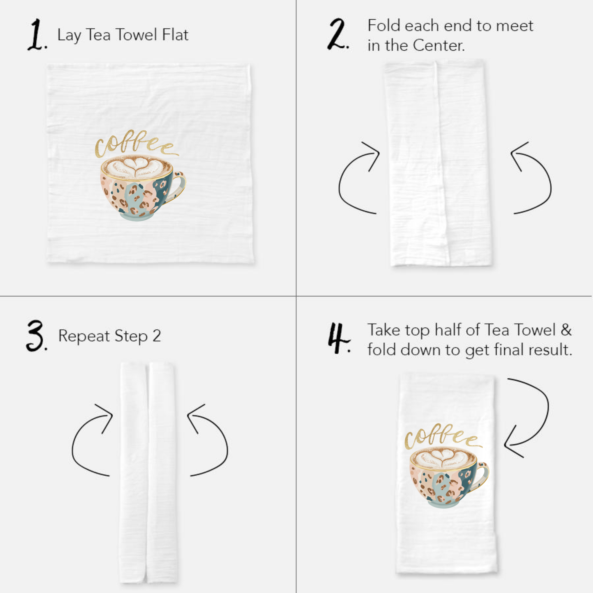 Step-by-step guide on folding a tea towel with a coffee-themed design.