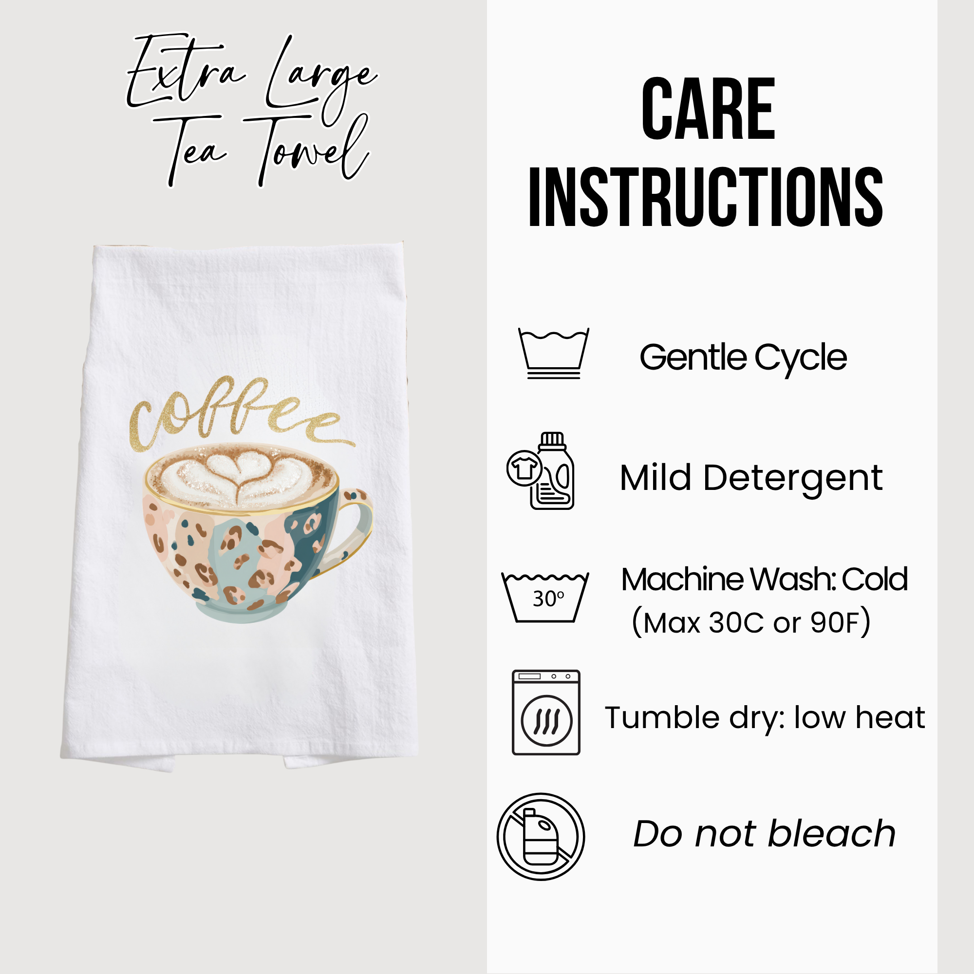 Tea towel with coffee design and care instructions on a white background