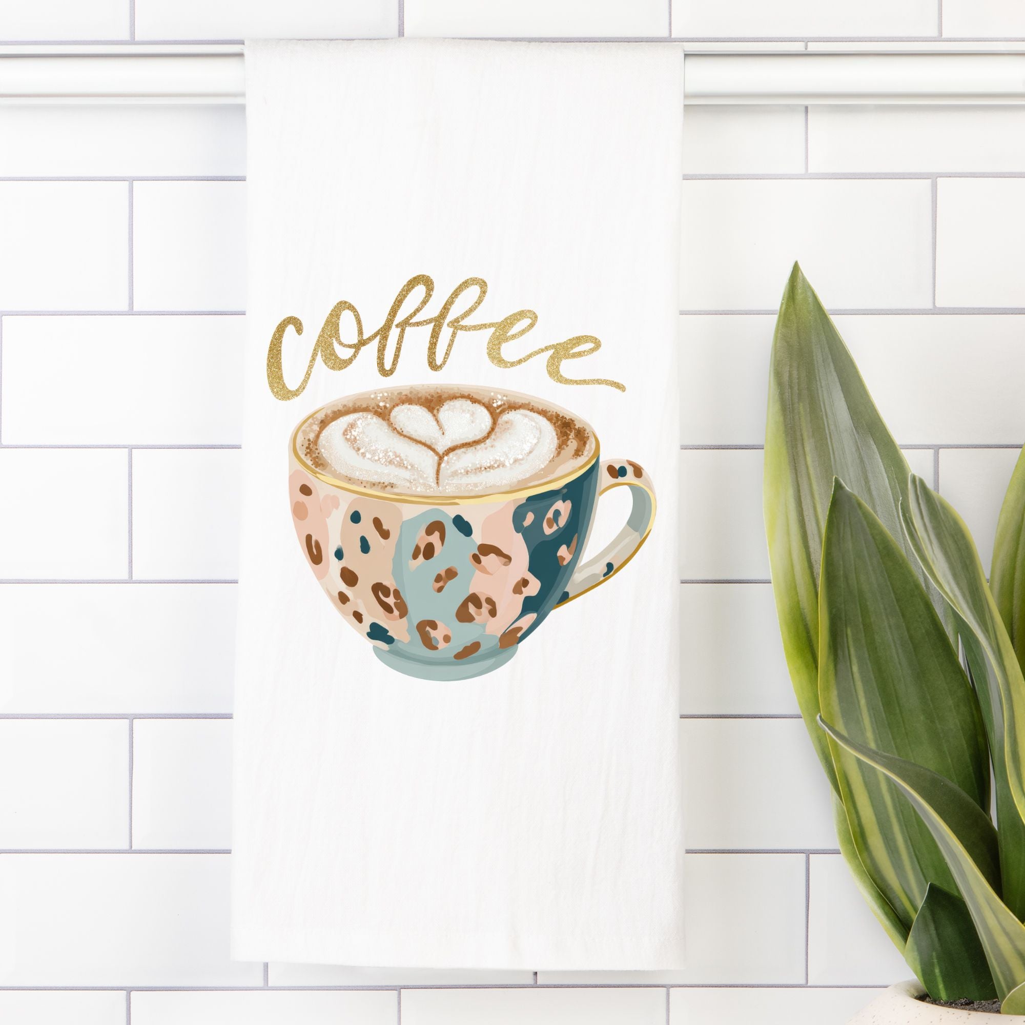 Decorative tile with a coffee-themed design featuring a cup and the word 'coffee' on a white tiled background.