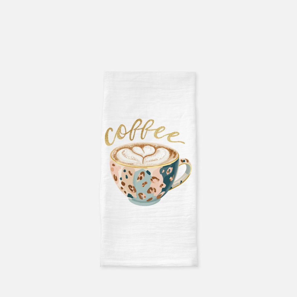White towel with a coffee-themed design featuring a cup and the word 'coffee' on a white background.