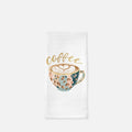 White towel with a coffee-themed design featuring a cup and the word 'coffee' on a white background.