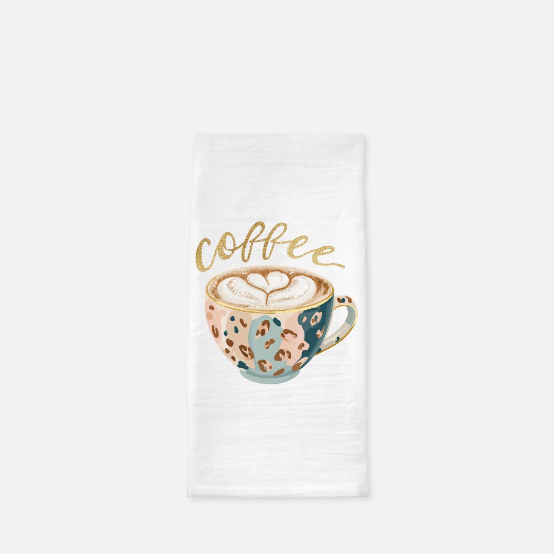 White towel with a coffee-themed design featuring a cup and the word 'coffee' on a white background.