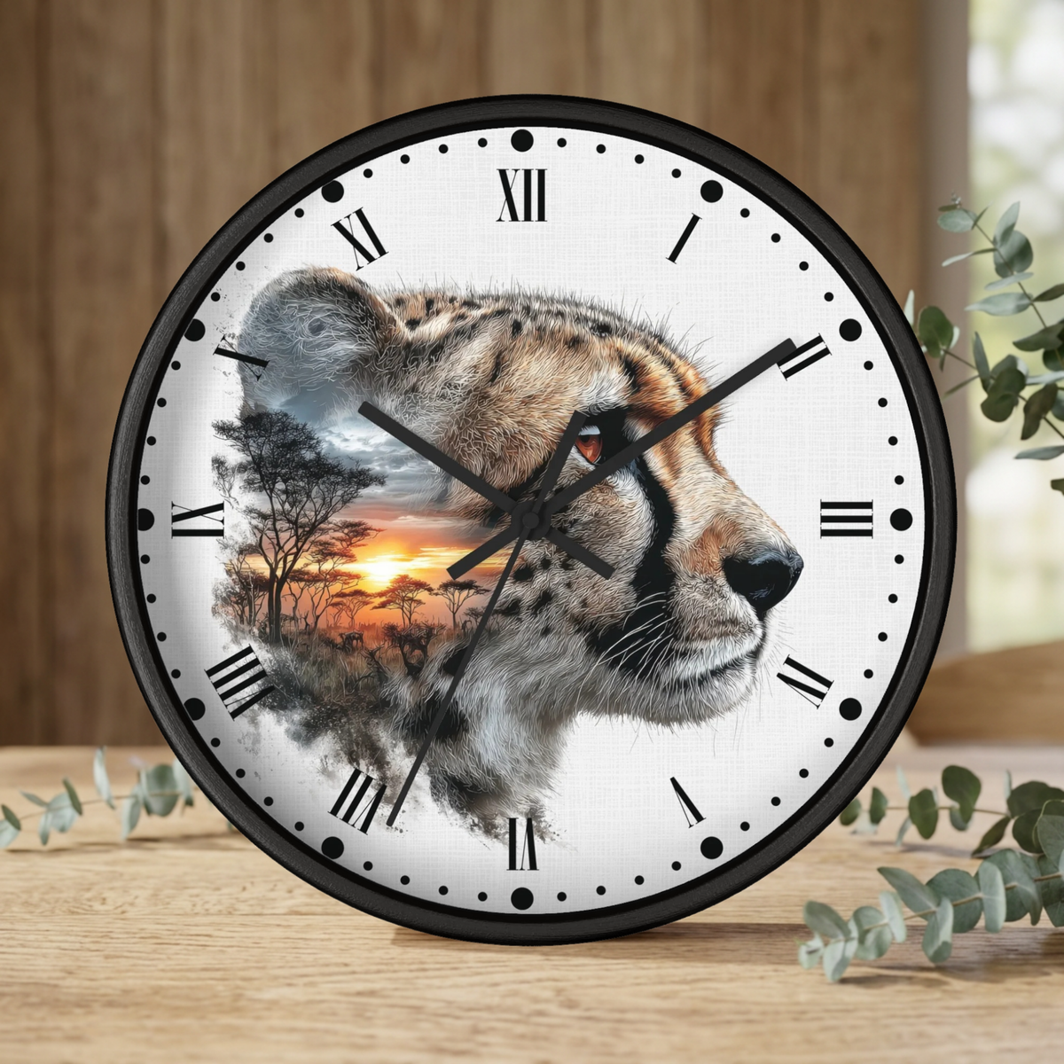 Cheetah Sunset Wall Clock — Safari Animal Landscape Decor