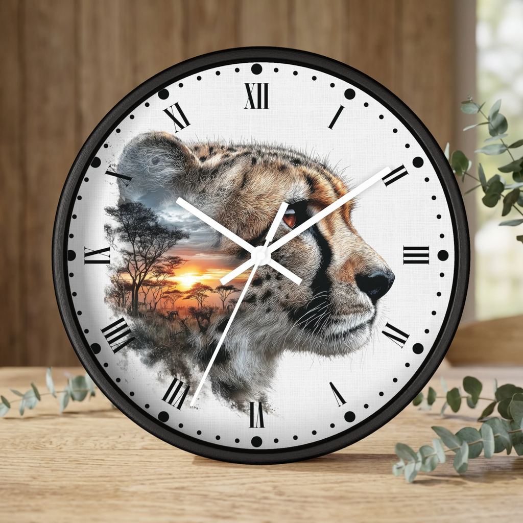 Cheetah Sunset Wall Clock — Safari Animal Landscape Decor
