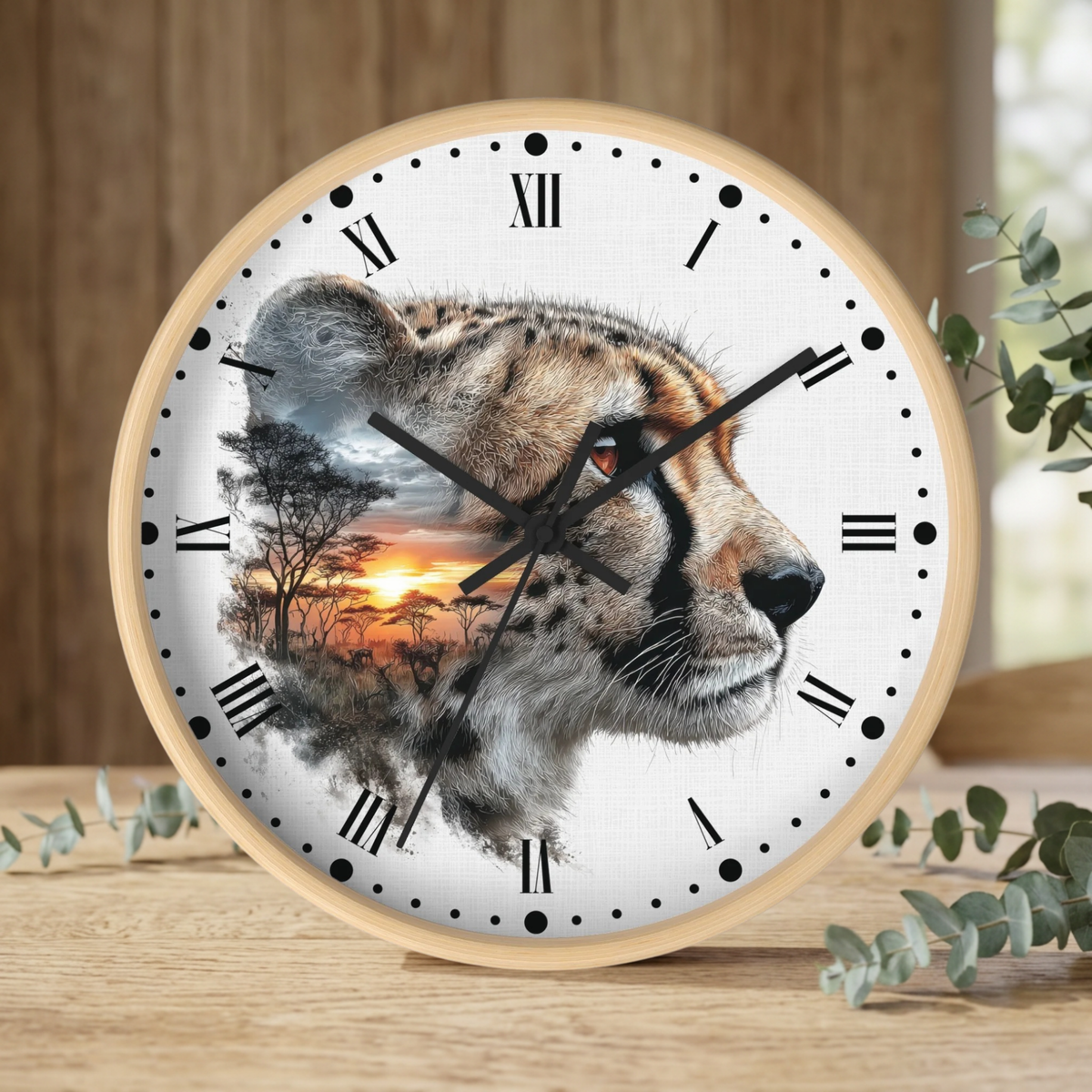 Cheetah Sunset Wall Clock — Safari Animal Landscape Decor