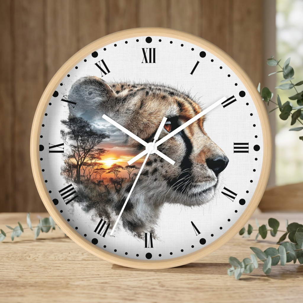Cheetah Sunset Wall Clock — Safari Animal Landscape Decor