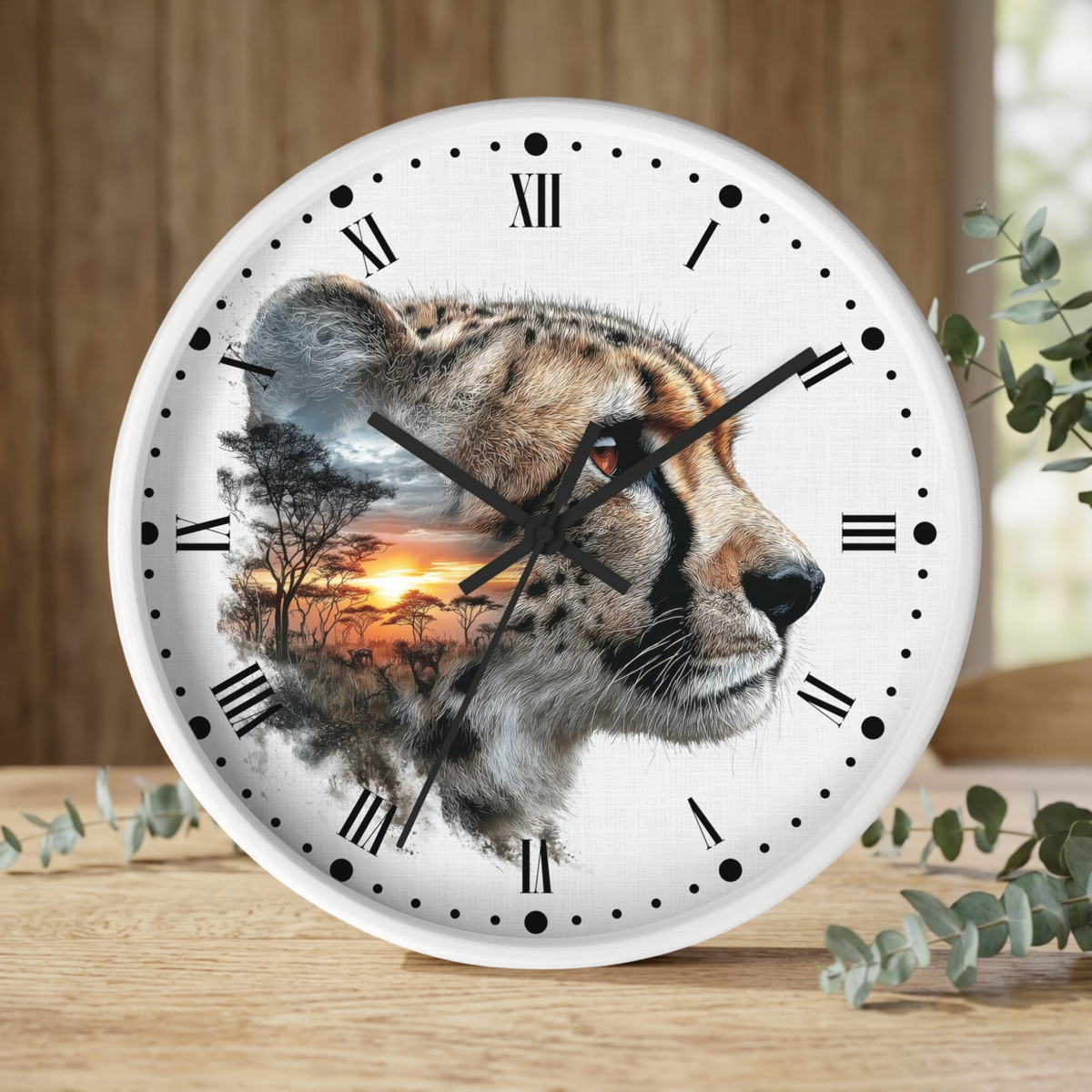 Cheetah Sunset Wall Clock — Safari Animal Landscape Decor