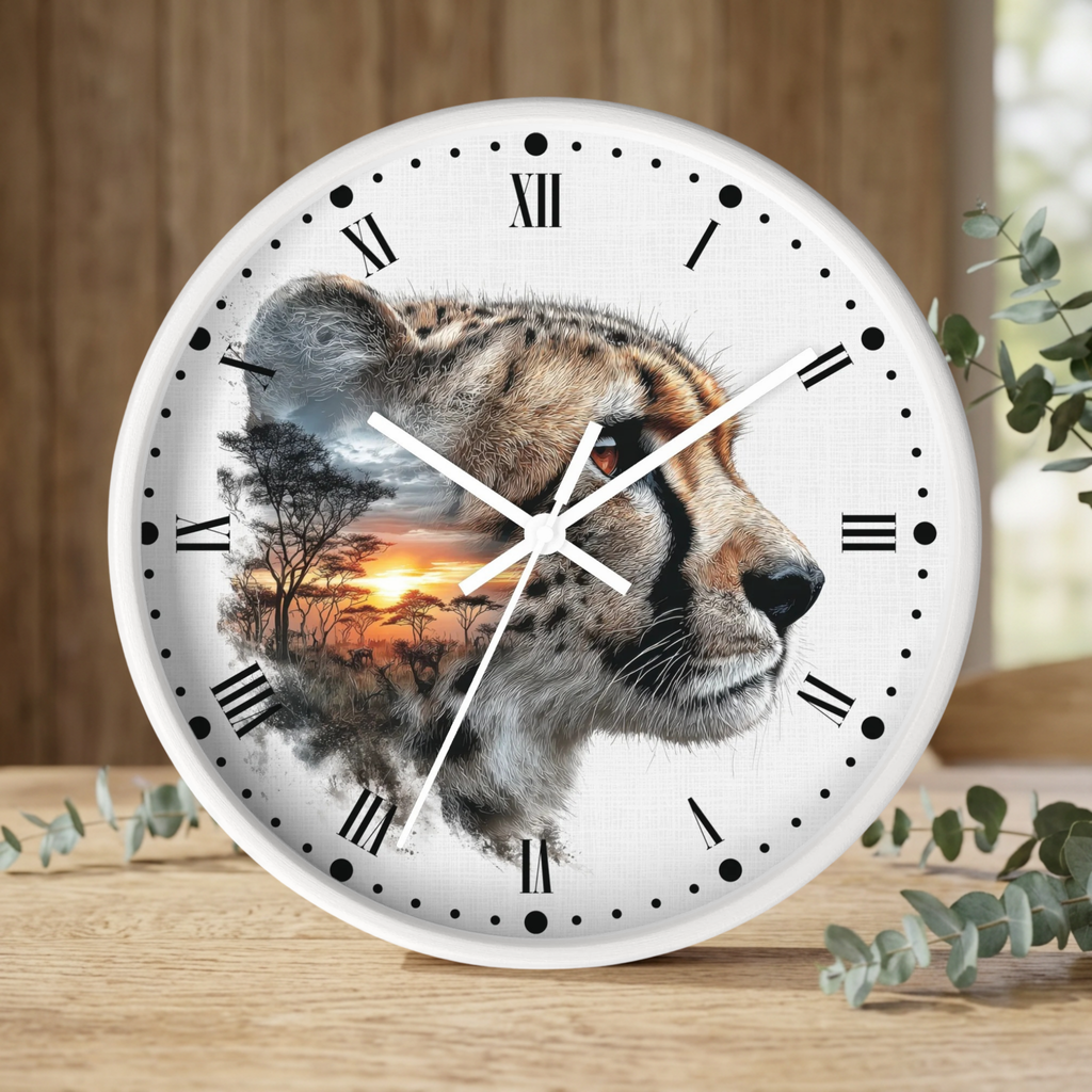 Cheetah Sunset Wall Clock — Safari Animal Landscape Decor