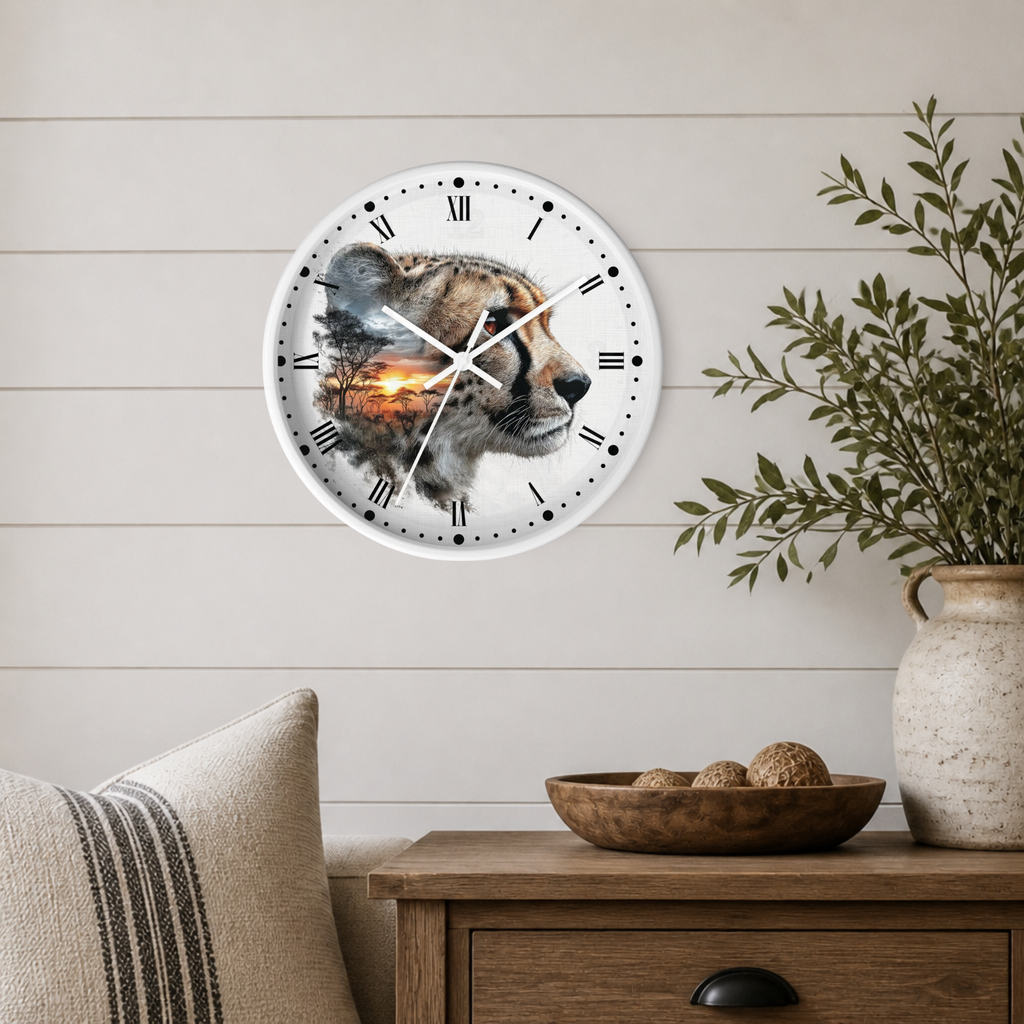 Cheetah Sunset Wall Clock — Safari Animal Landscape Decor