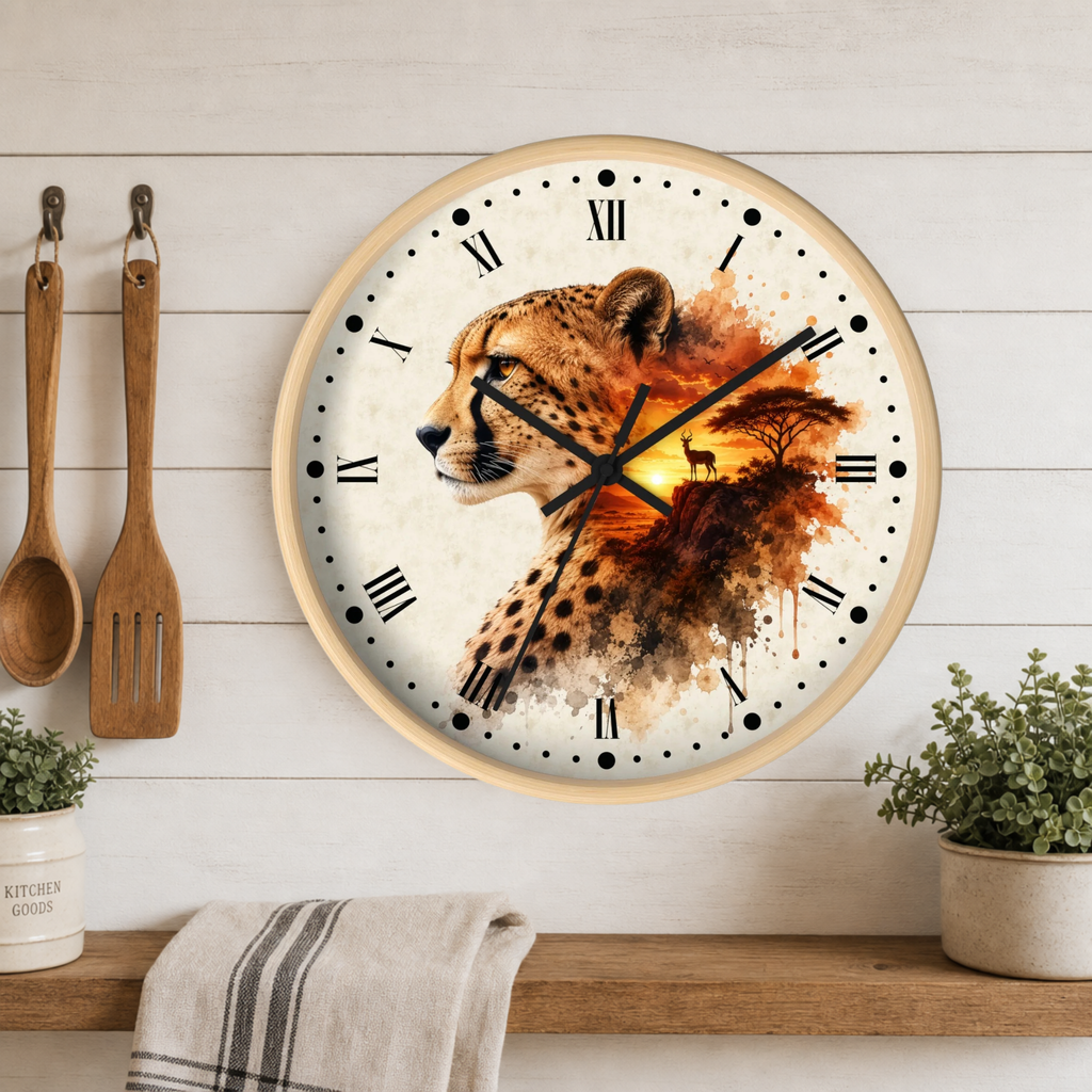 A round wall clock with a cheetah watercolor design, hanging on a white wood-paneled wall above a shelf with kitchen utensils and plants.