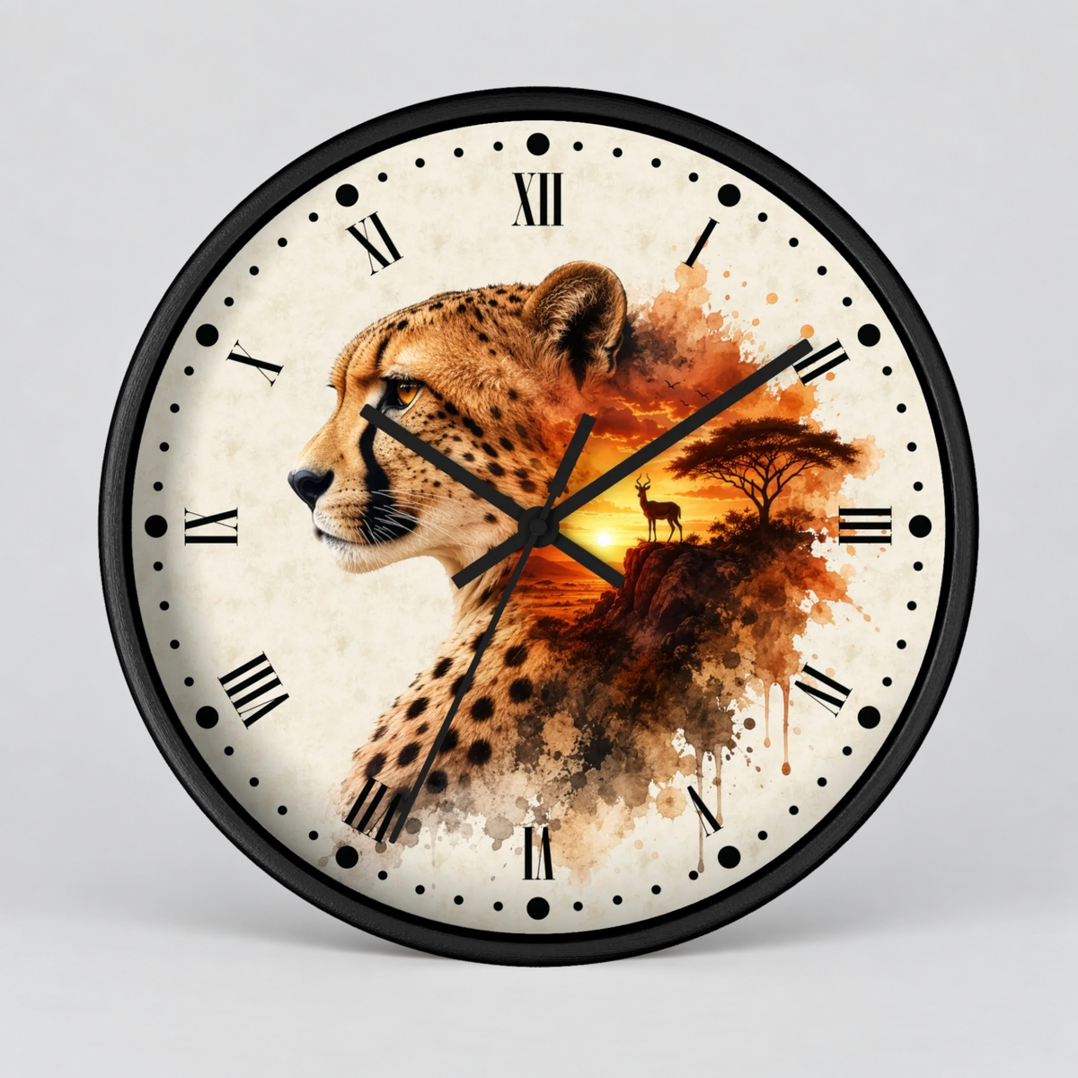 A round wall clock with a black frame and Roman numerals, featuring a printed design of a cheetah profile blending into an African savanna sunset scene with a deer and tree.