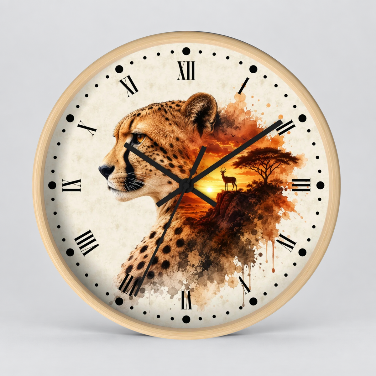Round wall clock with a light wood frame and a printed safari-themed dial featuring a cheetah portrait, an acacia tree, a sunset, and a small deer silhouette. Black Roman numerals and clock hands are visible against a light gray background.