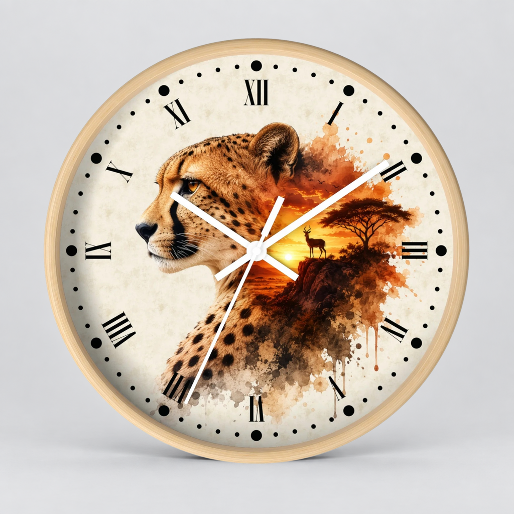 A round wall clock with a light wood frame and a printed cheetah artwork on the face, featuring black Roman numerals, black dot hour markers, white clock hands, and a warm sunset scene with a tree and deer near the lower right half.