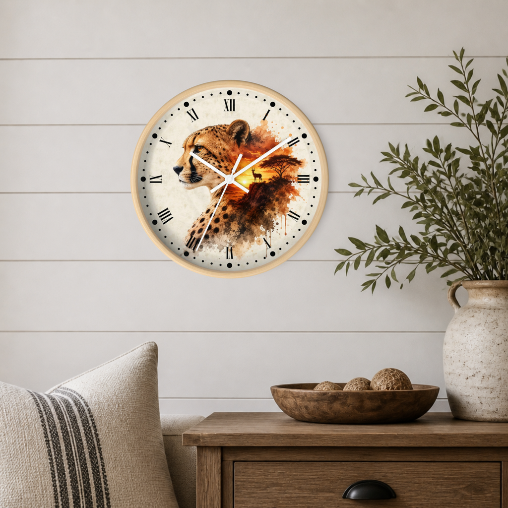 A round wall clock with a watercolor cheetah design on the face, mounted on a white shiplap wall above a wooden side table with a plant and decorative bowl.