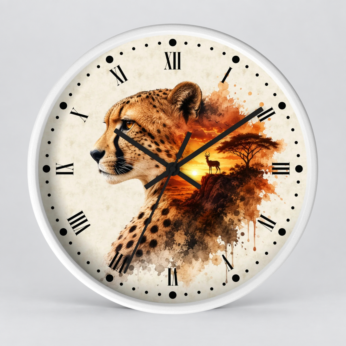 Round wall clock with a white frame and a printed safari design featuring a cheetah, sunset, trees, and a small deer on the face, with black Roman numerals and hands on a light gray background.