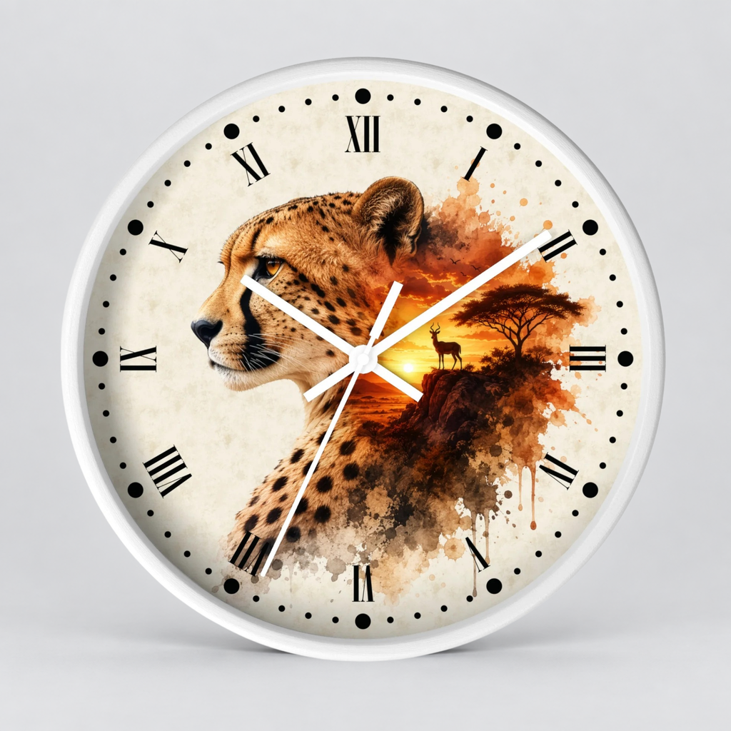 Round wall clock with a white frame and a printed safari-themed dial featuring a cheetah portrait blending into an African savanna landscape with a sunset and tree, set against a light gray background.