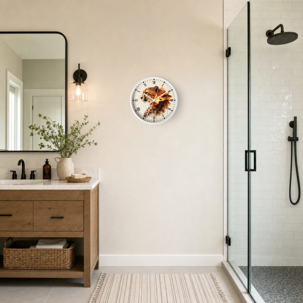 A round wall clock with a realistic cheetah design on a white background, mounted on a beige wall in a modern bathroom setting next to a wooden vanity and glass shower enclosure.