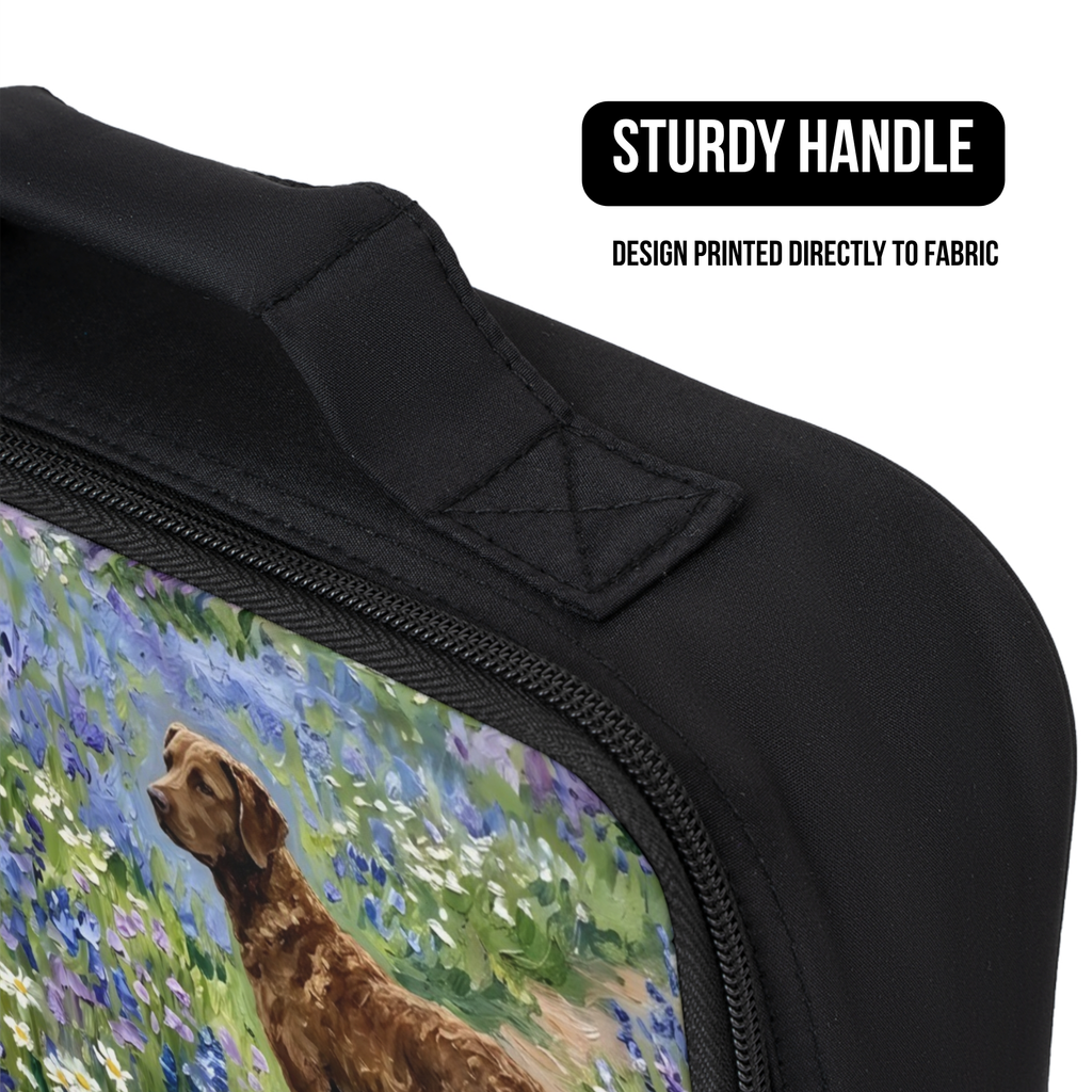 Close up of a black lunch bag with a dog painting design on fabric, featuring a sturdy handle.