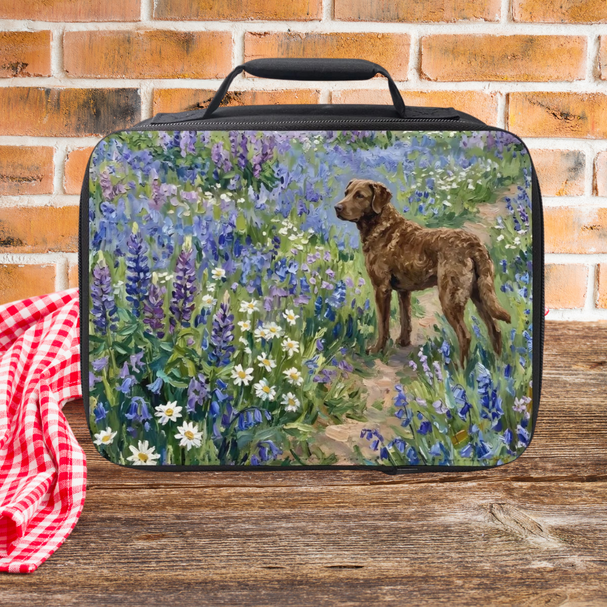 Lunch bag with a Labrador dog and floral design on a wooden picnic table with a brick wall background