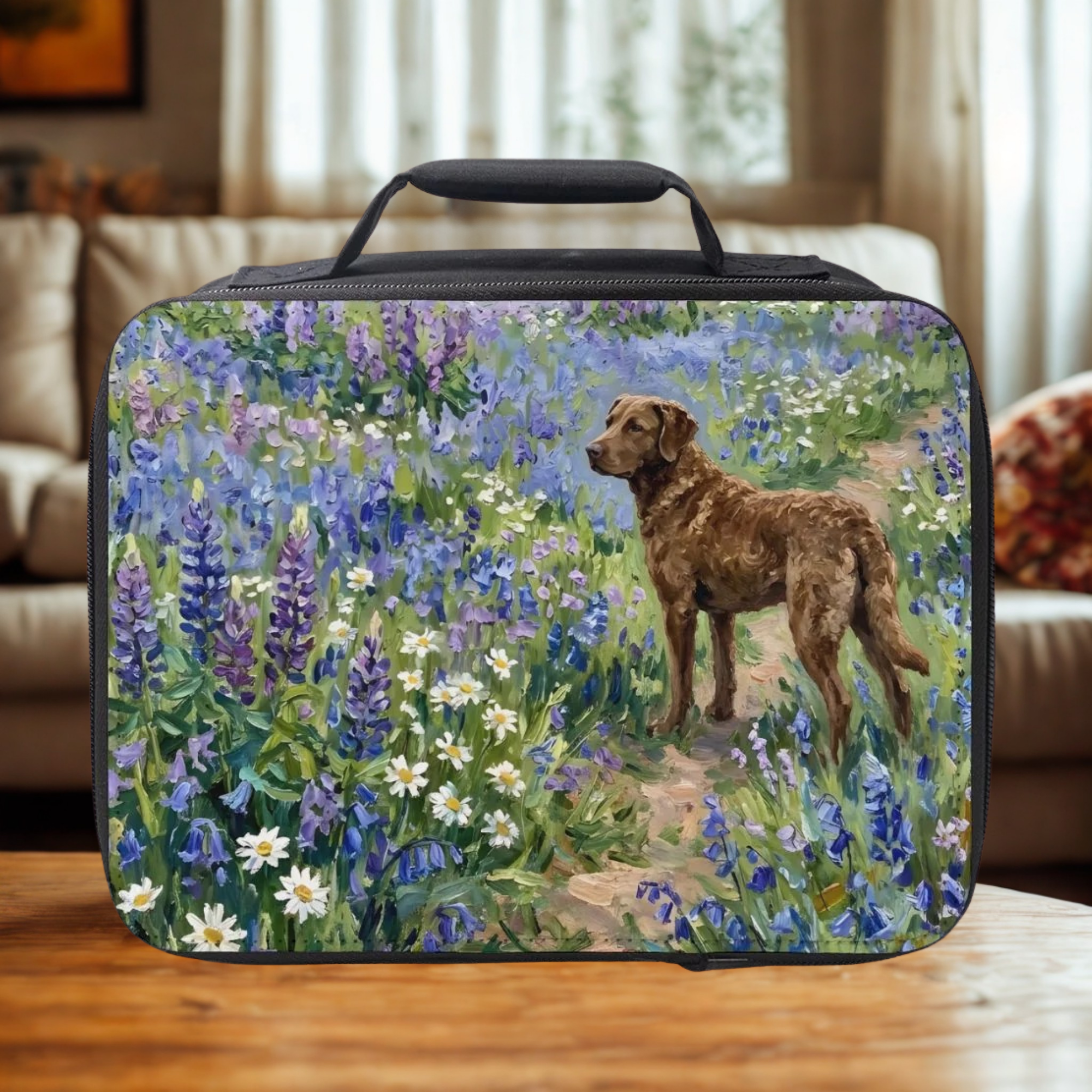 Lunch bag with a dog and floral design on a wooden coffee table in a cozy living room.