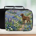 Lunch bag with a brown Labrador dog and floral design on a white background