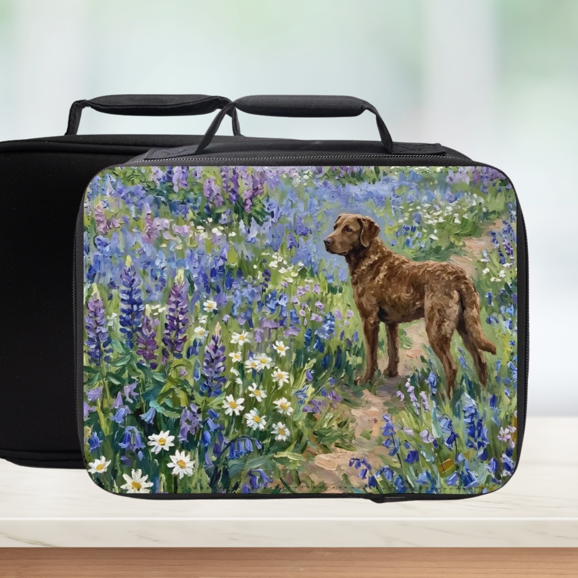 Lunch bag with a brown Labrador dog and floral design on a white background