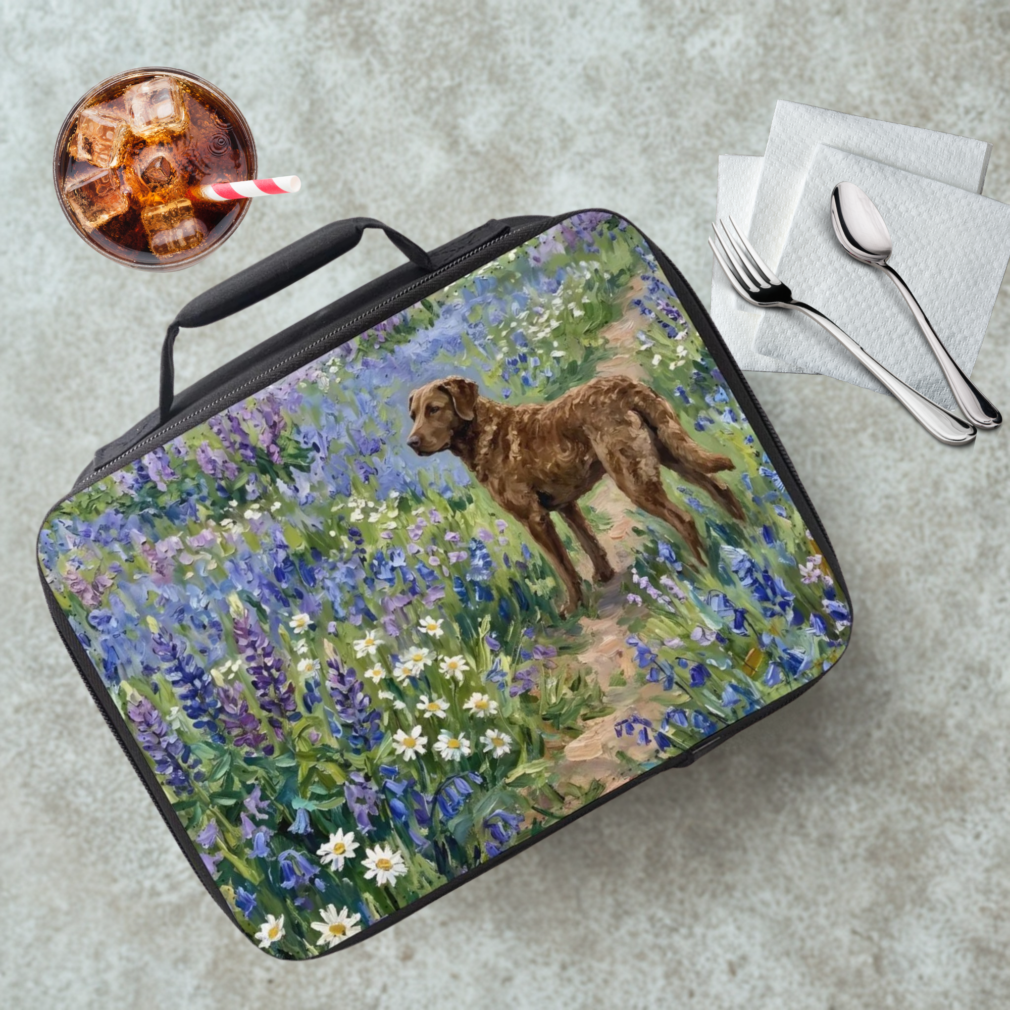 Lunch bag with a brown lab dog and floral design on a table with a drink and utensils.