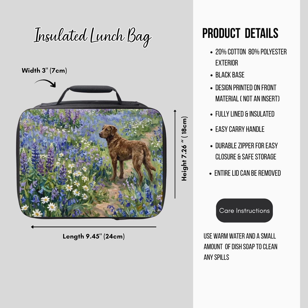 Insulated lunch bag with a dog design on a and product details on a grey background.