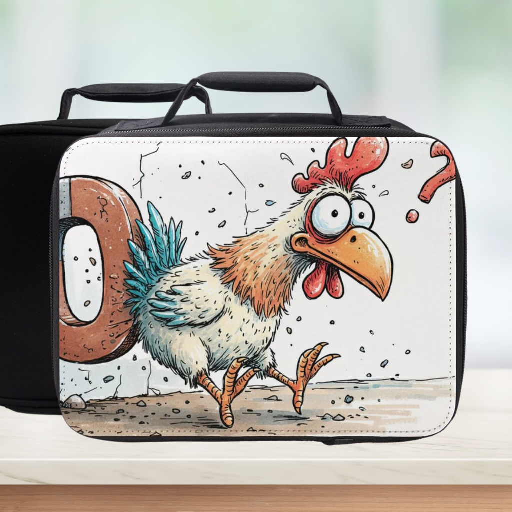 Black lunch bag with a cartoon rooster design on a white background