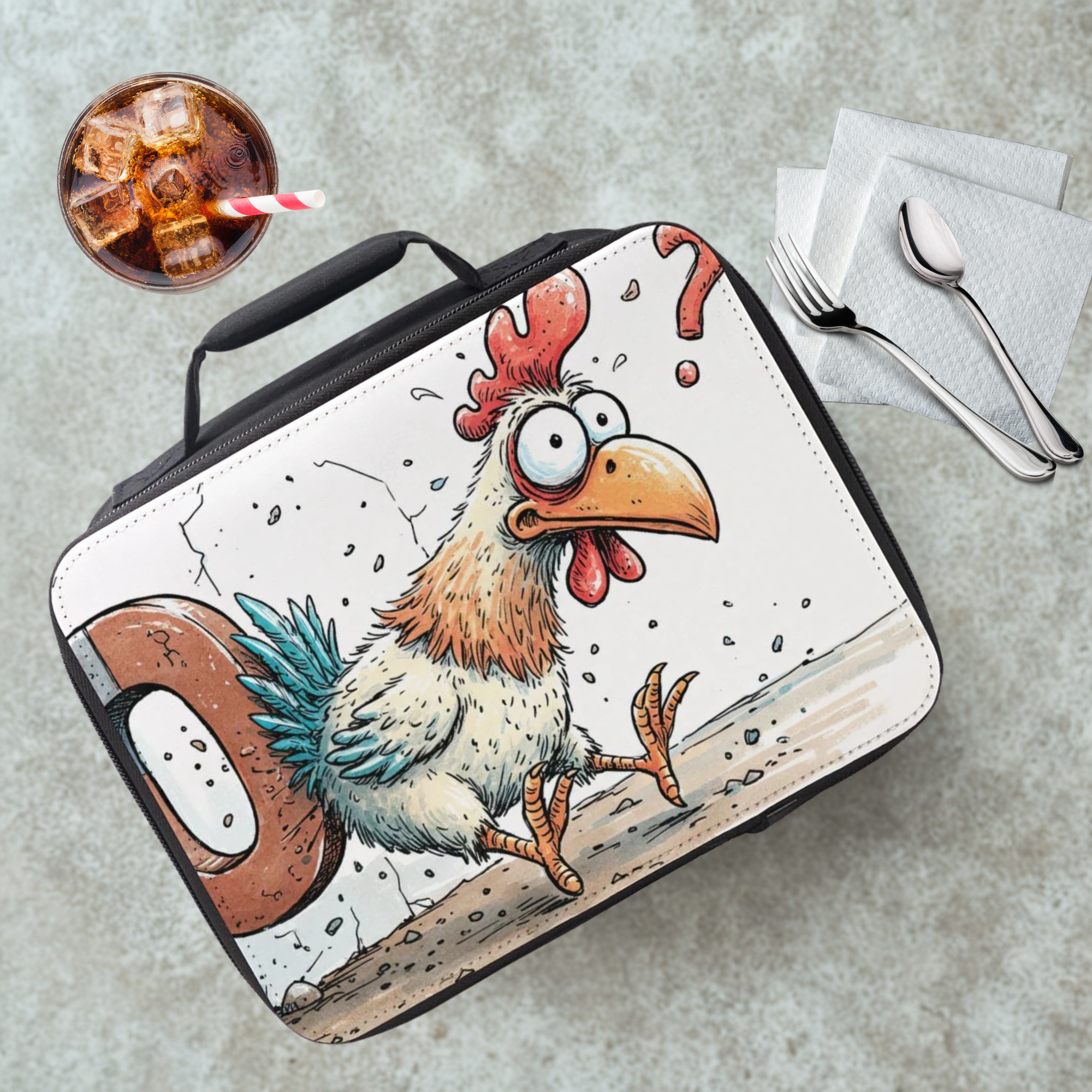 Lunch bag with a cartoon rooster design on a cafeteria table with a drink and utensils.