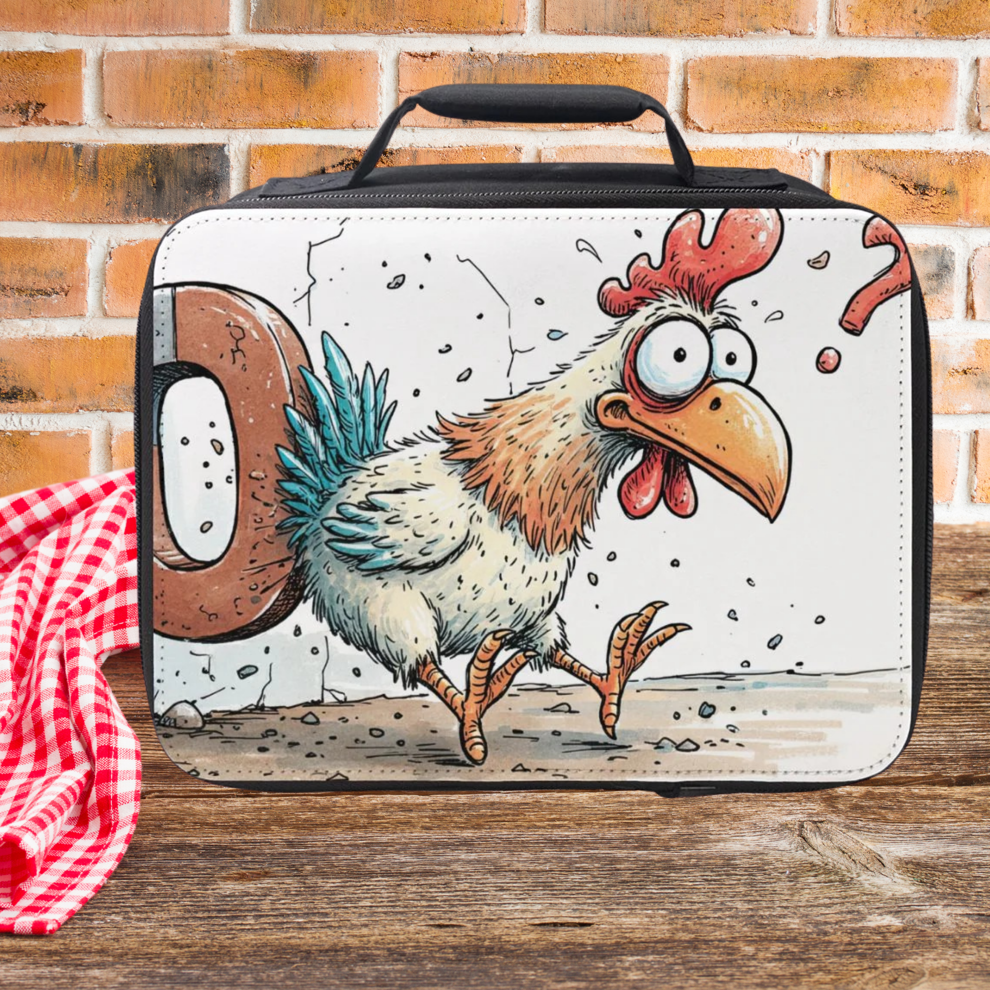 Lunch bag with a cartoon rooster design on a wooden surface with a brick wall background
