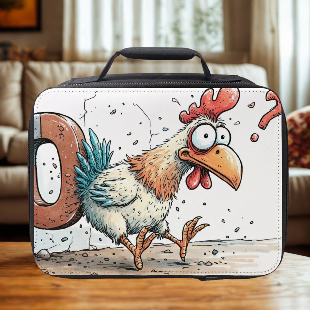 Cartoon rooster design on a lunch box in a living room setting