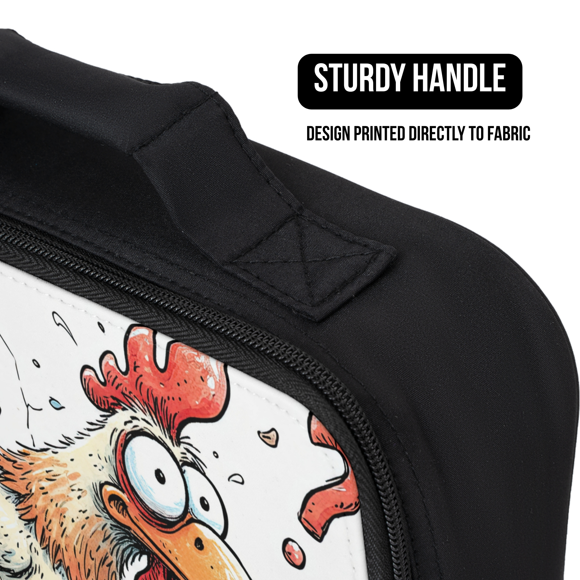 Black lunch bag with a cartoon rooster design and 'Sturdy Handle' text on a white background