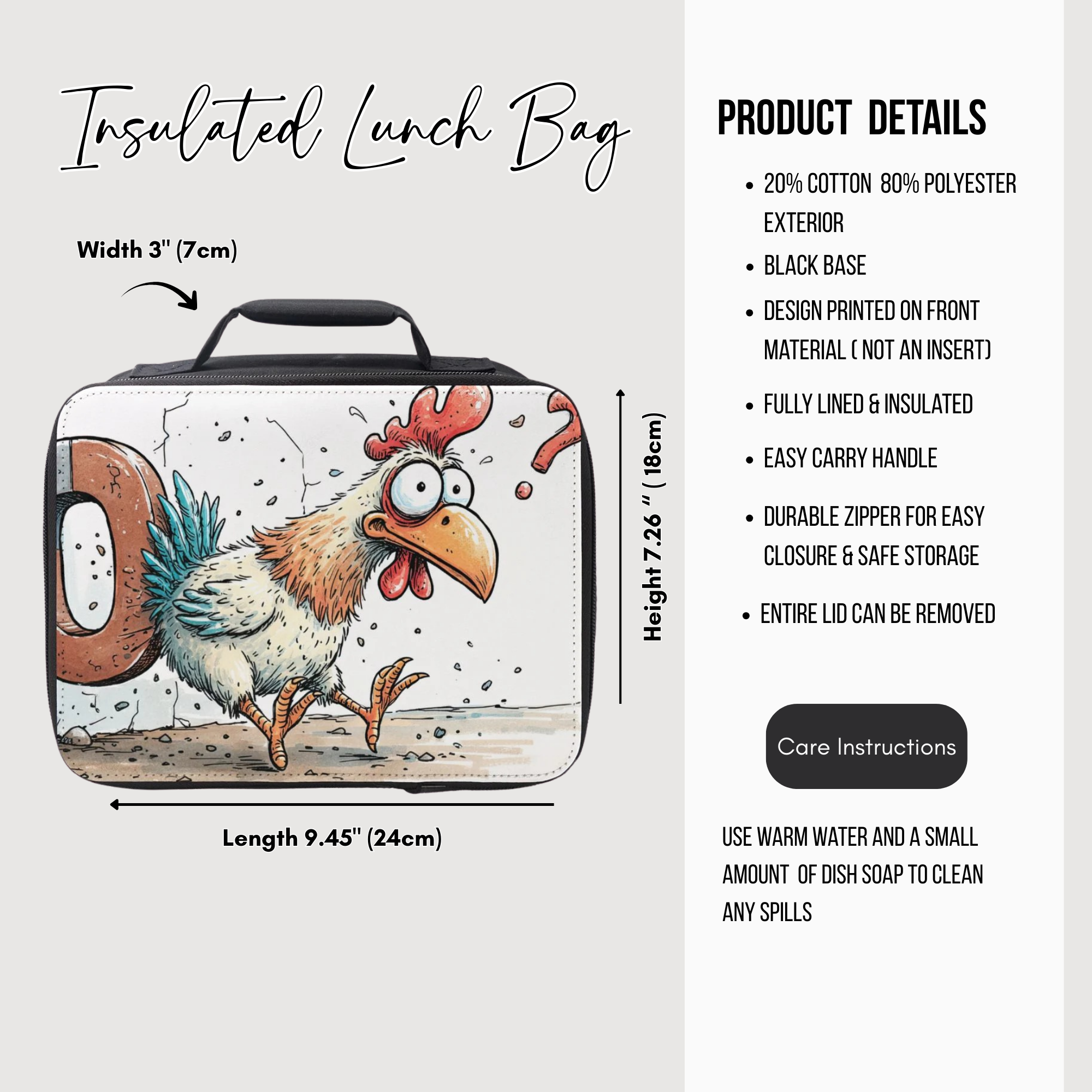 Insulated lunch bag with rooster design and product details on a white background