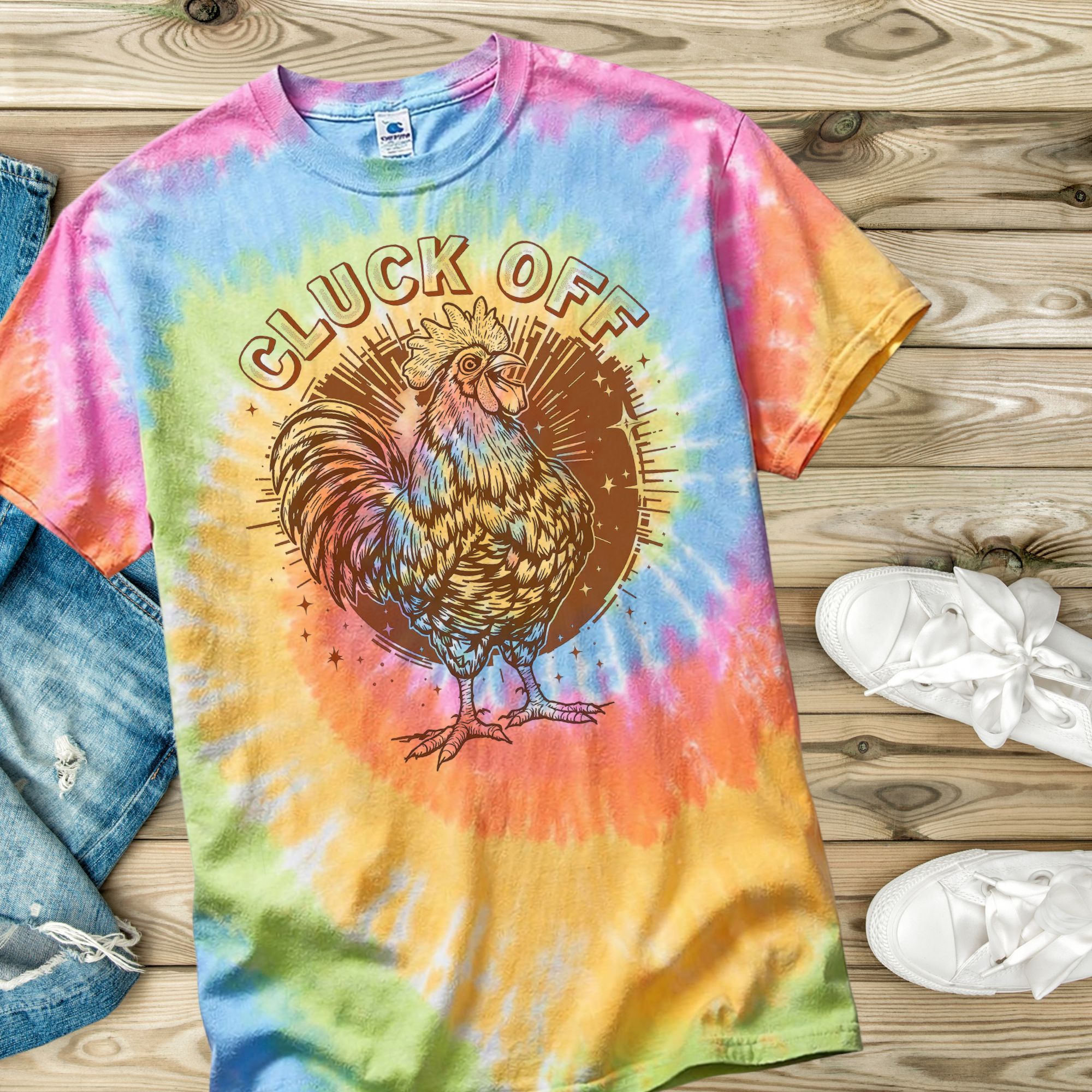 Tie-dye t-shirt with rooster graphic and 'CLUCK OFF' text on a wooden surface.