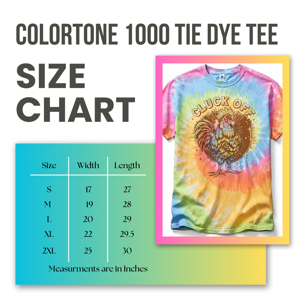 Coloritone 1000 tie dye tee size chart with shirt design featuring a rooster.